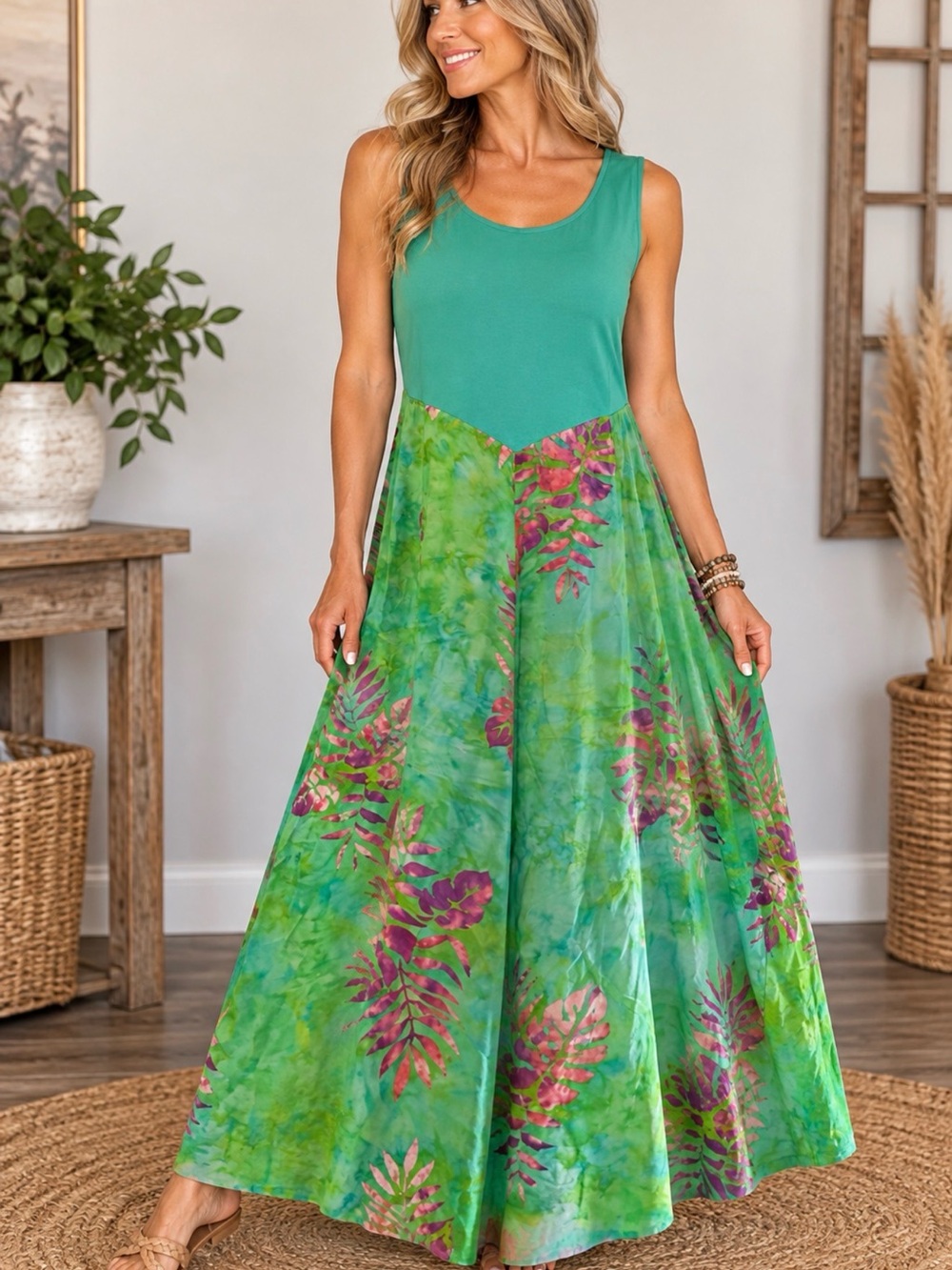 Soft Surroundings Women's Knit Maxi Dress Floral Scoop Neck Strappy L Green